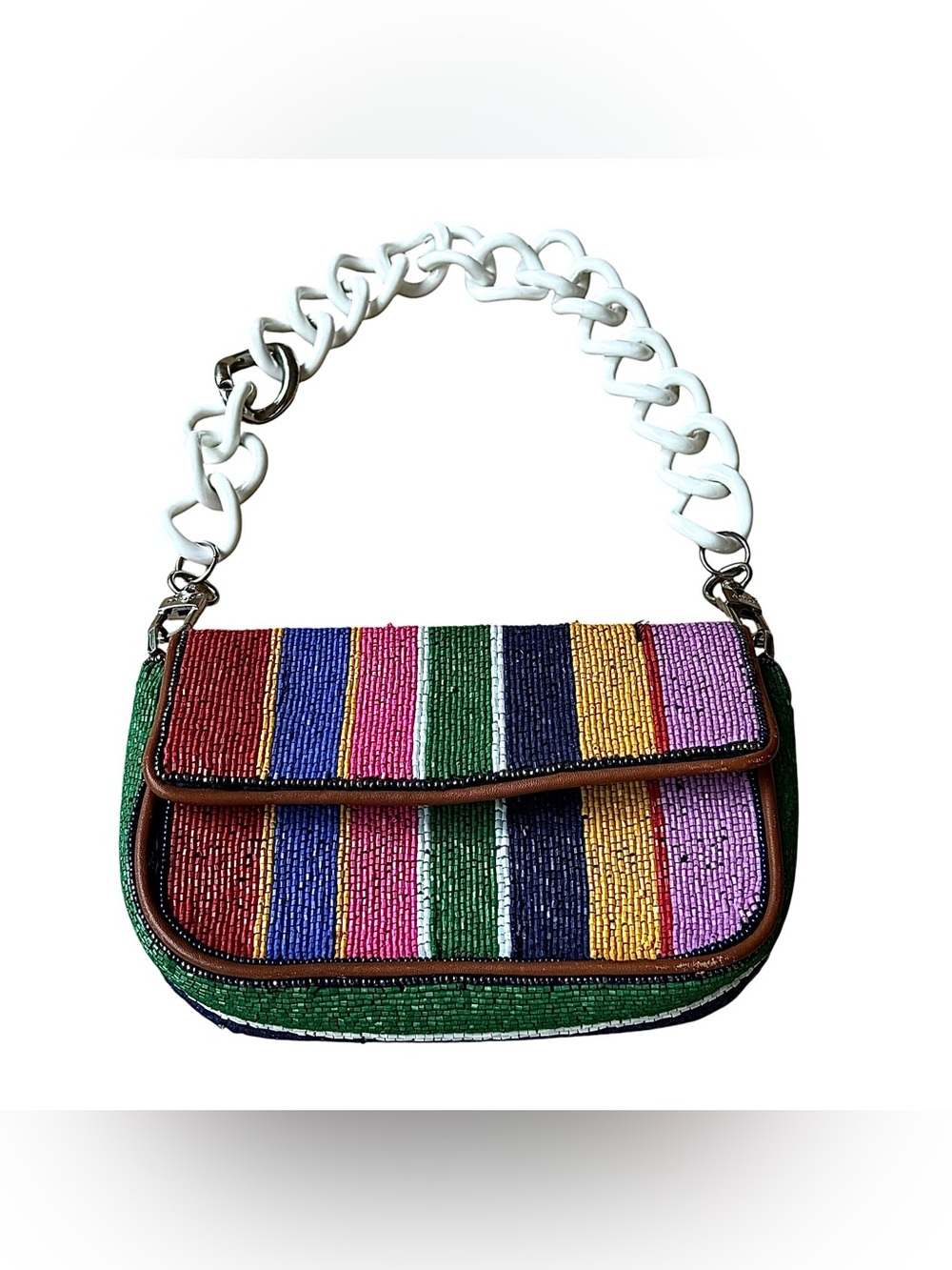 STAUD Mini Tommy Striped Beaded Bag w/ White & Silver Chain Strap